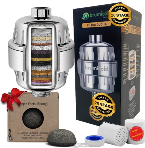 Filtro de ducha 20 etapas + recambio + esponja Konjac